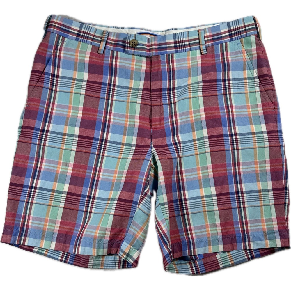 Peter Millar Seaside Plaid Shorts Mens 33 Linen Cotton Silk Blend Blue Red Green